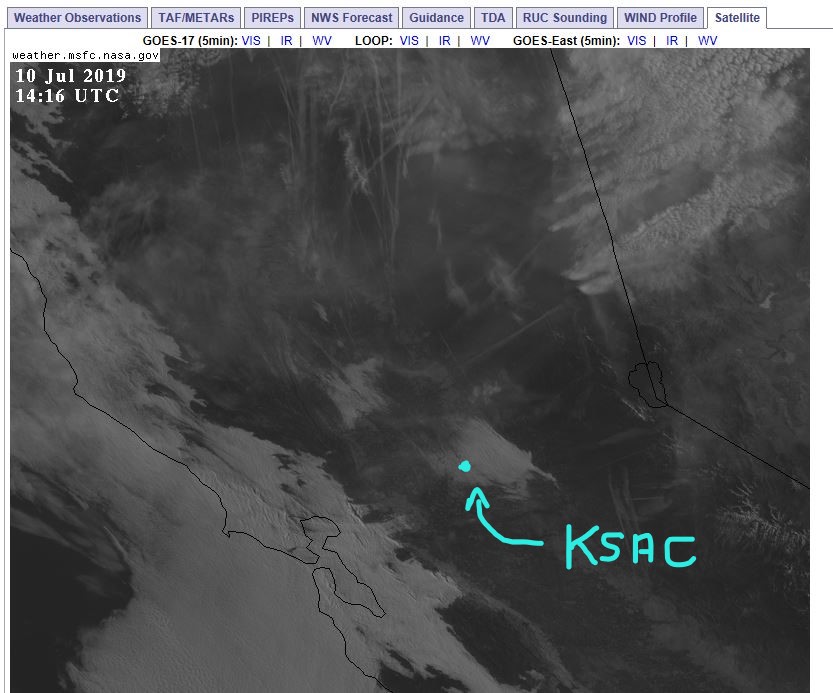 central CA satellite view of clouds with KSAC location displayed